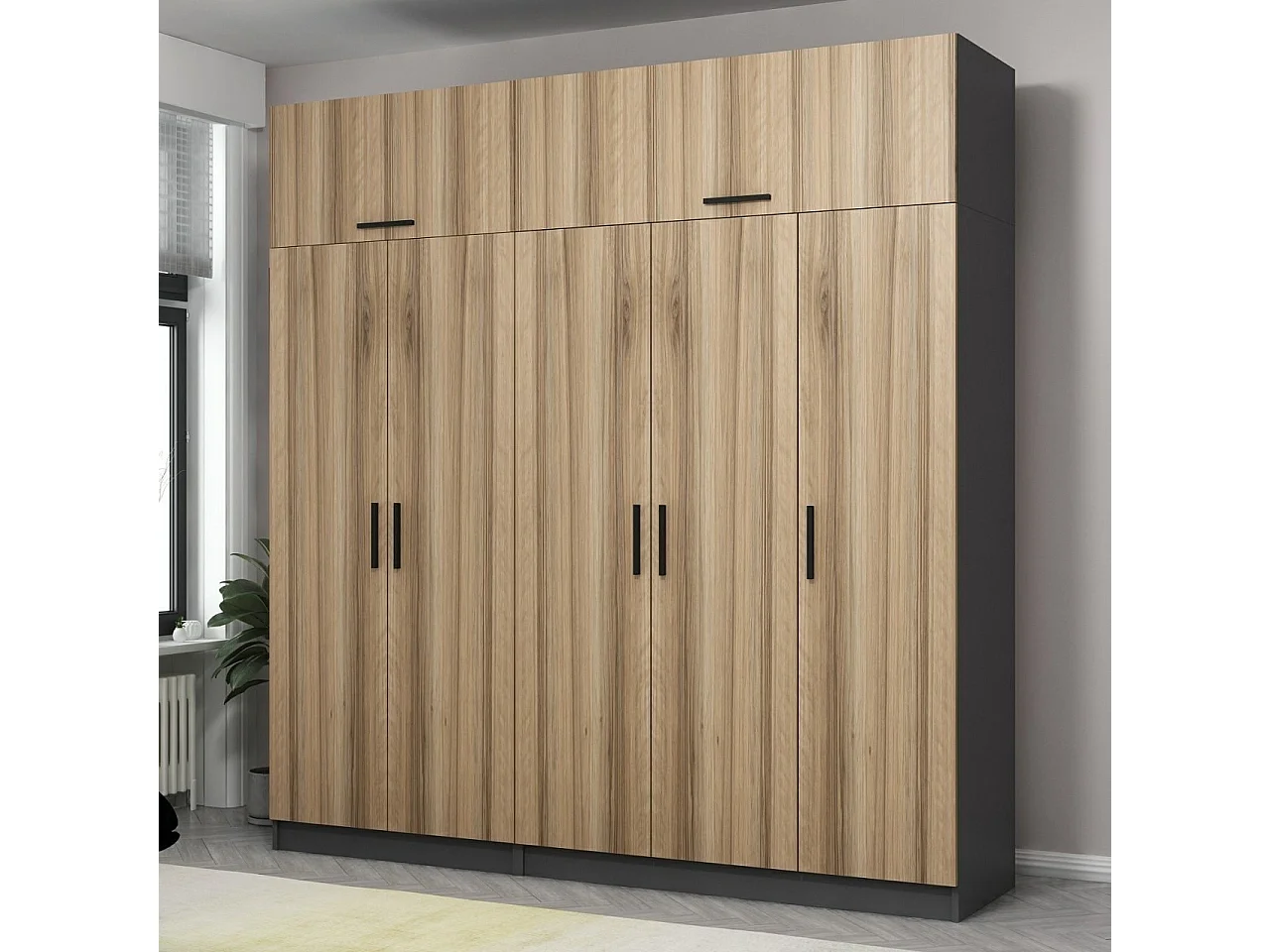 Guardaroba Kailua L258, Quercia|Antracite, 255x225x52cm, Porte guardaroba: Con cerniere