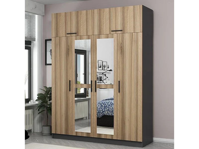 Guardaroba Kailua 1417, Quercia|Antracite, 235x180x52cm, Porte guardaroba: Con cerniere