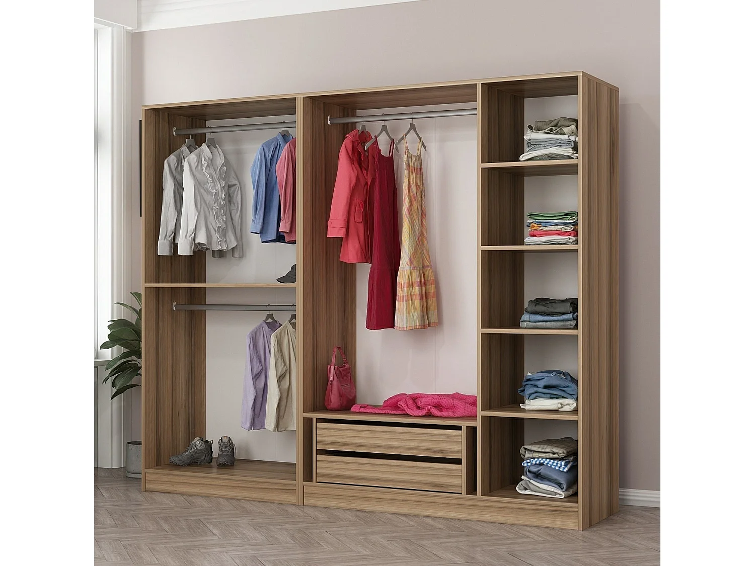 Guardaroba Kailua L225, 190x225x52cm, Porte guardaroba: Con cerniere