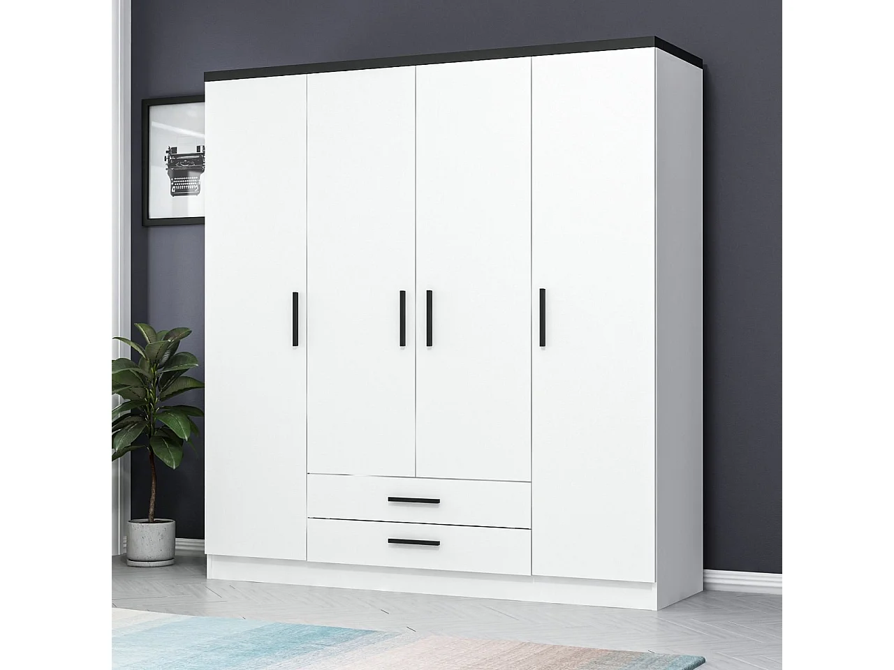 Guardaroba Kailua N101, Bianco|Nero, 210x180x52cm, Porte guardaroba: Con cerniere