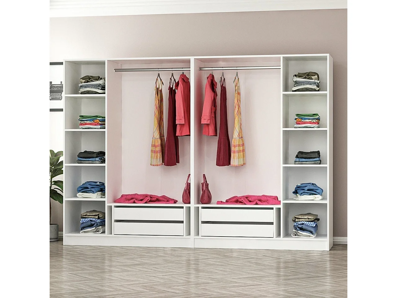 Guardaroba Kailua L252, Bianco|Noce, 210x270x52cm, Porte guardaroba: Con cerniere