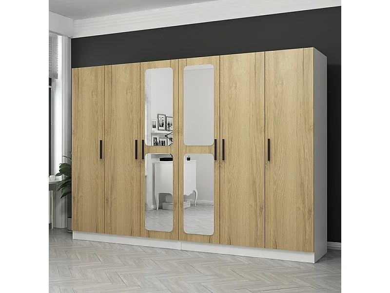 Guardaroba Kailua L252, Bianco|Noce, 210x270x52cm, Porte guardaroba: Con cerniere