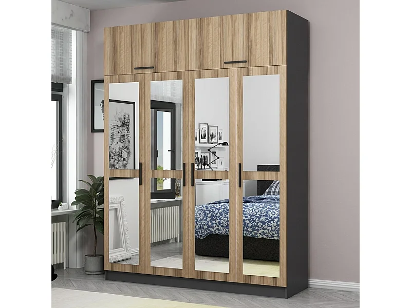 Guardaroba Kailua 1421, Quercia|Antracite, 235x180x52cm, Porte guardaroba: Con cerniere