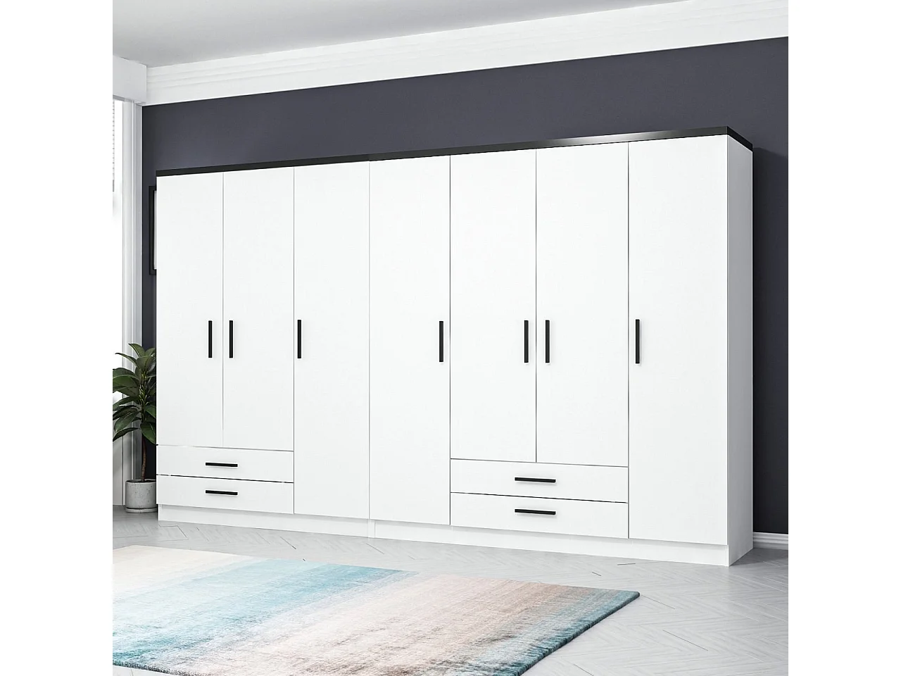 Guardaroba Kailua N103, Bianco|Nero, 210x315x52cm, Porte guardaroba: Con cerniere