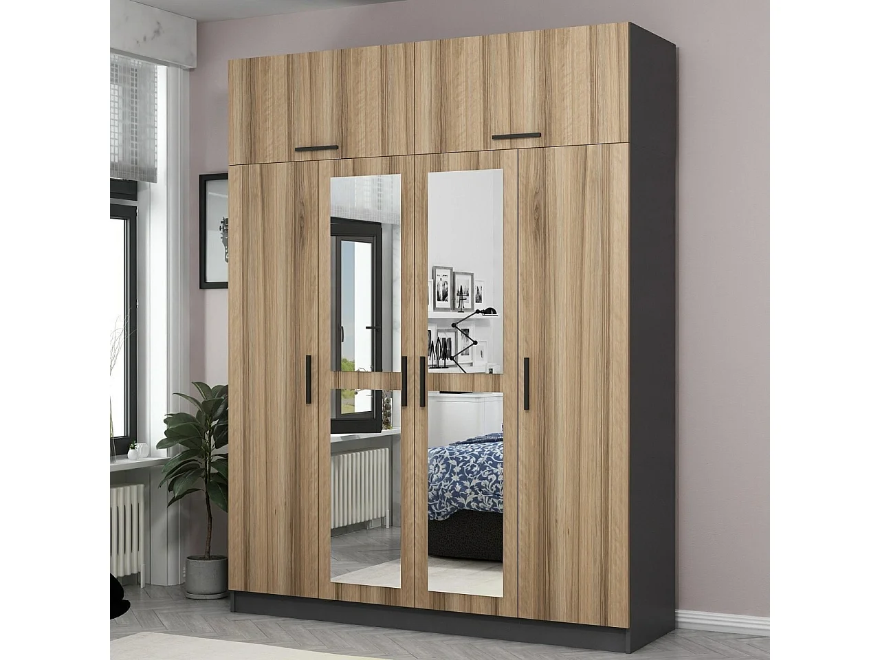 Guardaroba Kailua 1419, Antracite|Quercia, 255x180x52cm, Porte guardaroba: Con cerniere