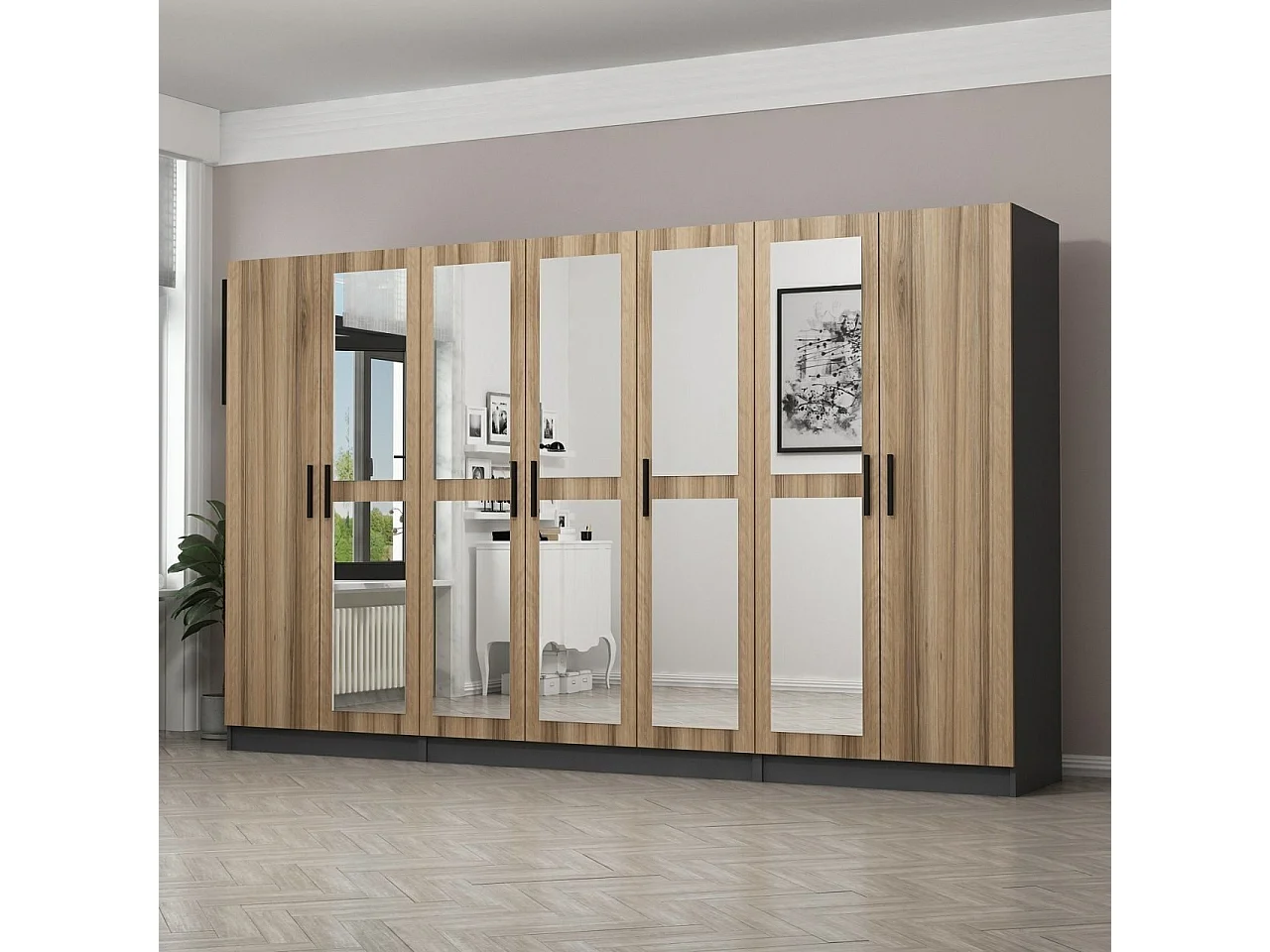 Guardaroba Kailua L267, Antracite|Quercia, 210x315x52cm, Porte guardaroba: Con cerniere