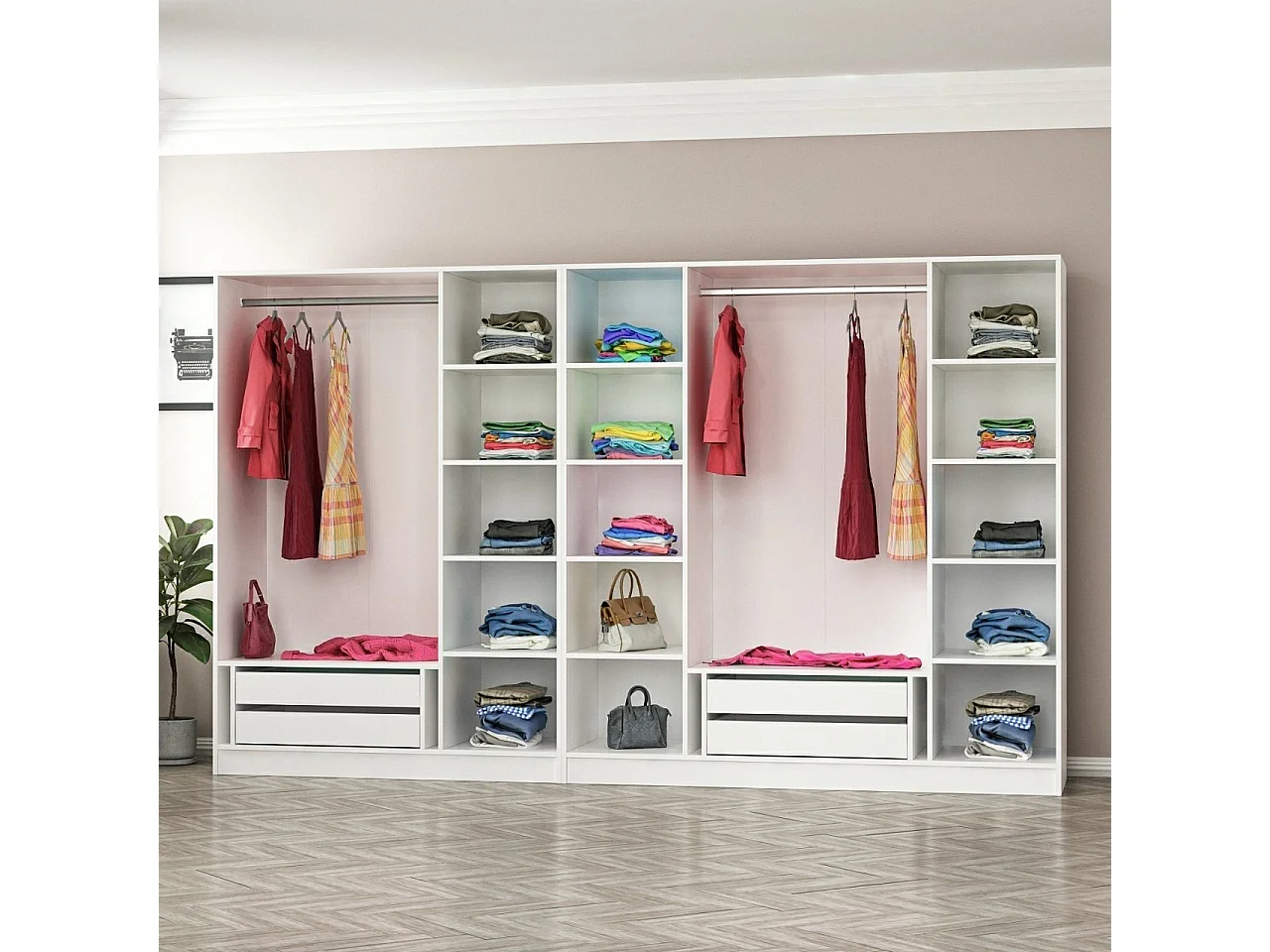 Guardaroba Kailua L166, Noce|Bianco, 190x315x52cm, Porte guardaroba: Con cerniere