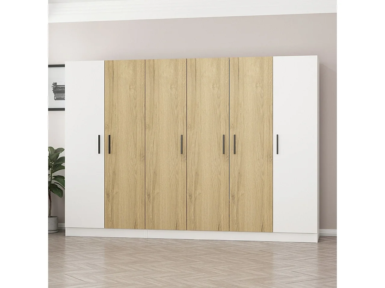 Guardaroba Kailua L327, Bianco|Noce, 190x225x52cm, Porte guardaroba: Con cerniere