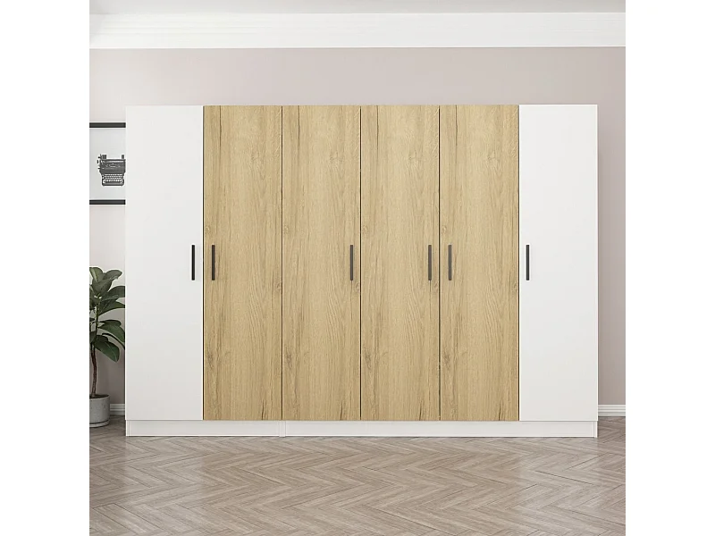 Guardaroba Kailua L327, Bianco|Noce, 190x225x52cm, Porte guardaroba: Con cerniere