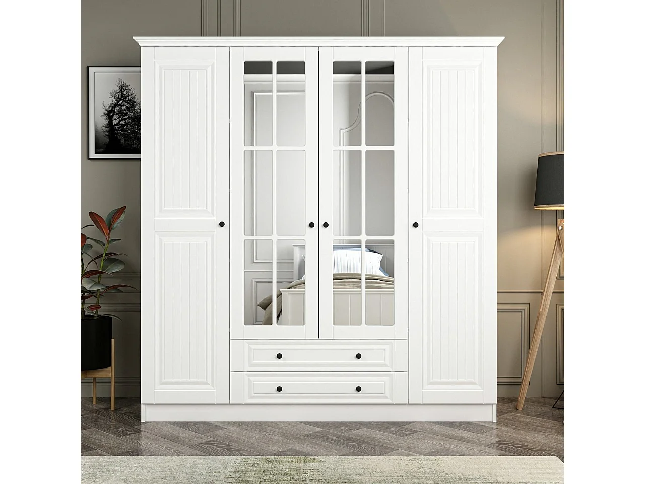 Guardaroba Kailua R117, Bianco, 210x180x52cm, Porte guardaroba: Con cerniere