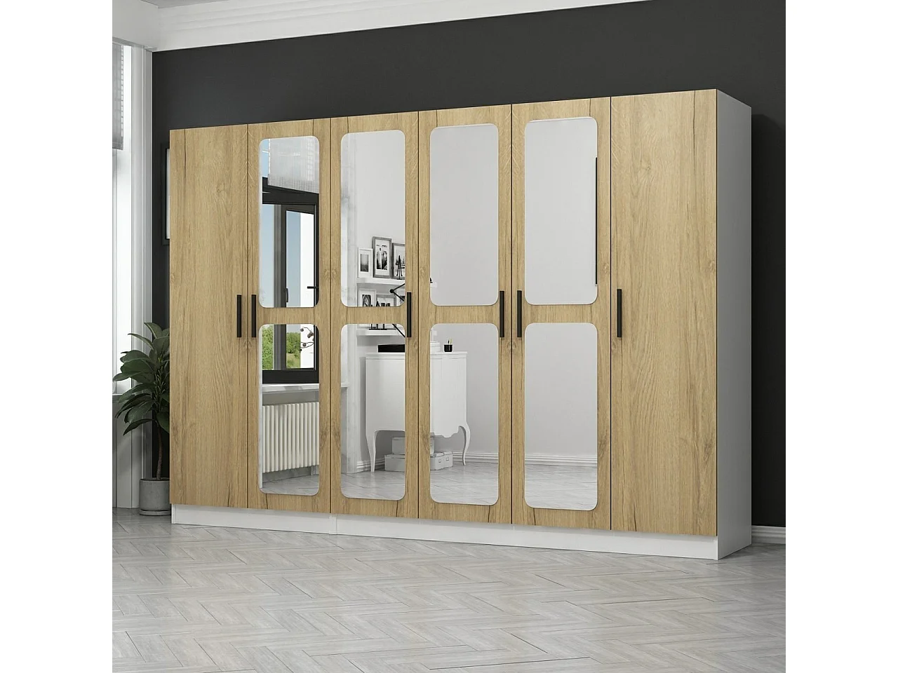 Guardaroba Kailua L316, Bianco|Noce, 210x225x52cm, Porte guardaroba: Con cerniere