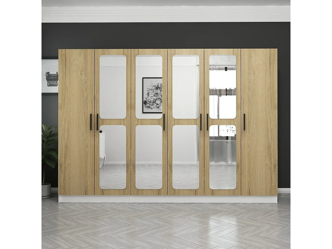 Guardaroba Kailua L316, Bianco|Noce, 210x225x52cm, Porte guardaroba: Con cerniere