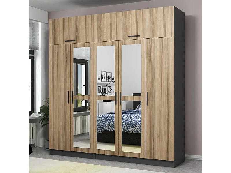 Guardaroba Kailua L260, Quercia|Antracite, 255x225x52cm, Porte guardaroba: Con cerniere