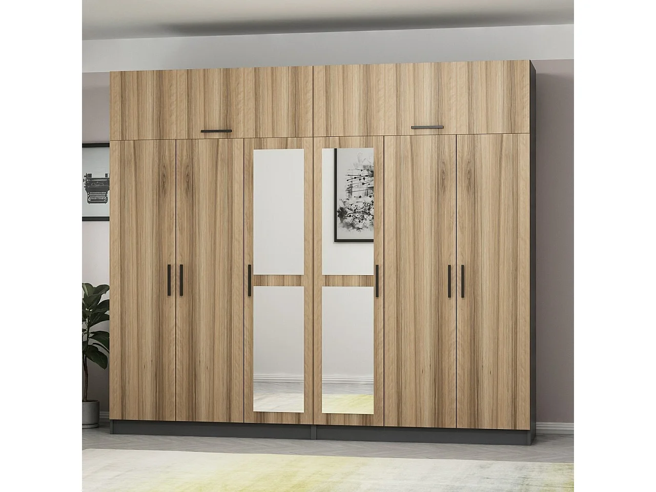 Guardaroba Kailua L319, Antracite|Quercia, 235x270x52cm, Porte guardaroba: Con cerniere