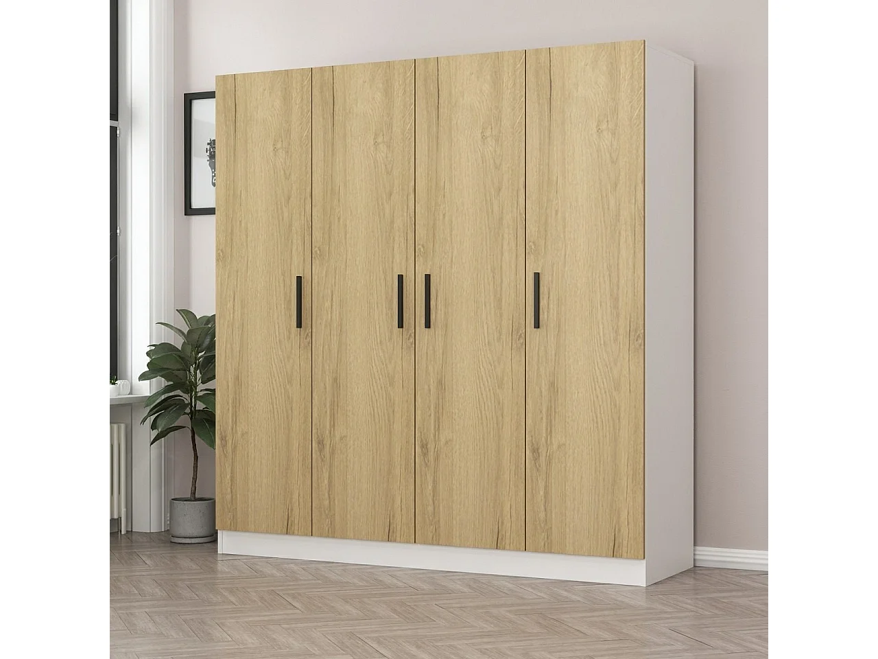 Guardaroba Kailua L135, Bianco|Noce, 190x180x52cm, Porte guardaroba: Con cerniere