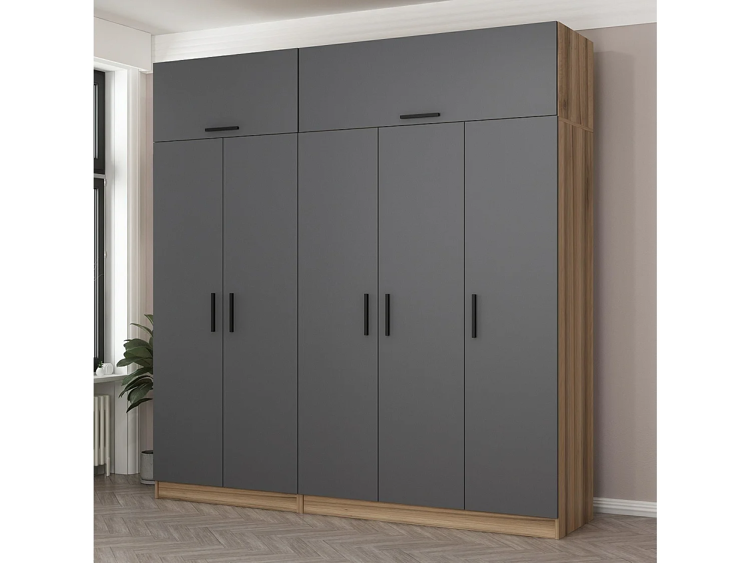 Guardaroba Kailua L264, Antracite|Quercia, 255x225x52cm, Porte guardaroba: Con cerniere