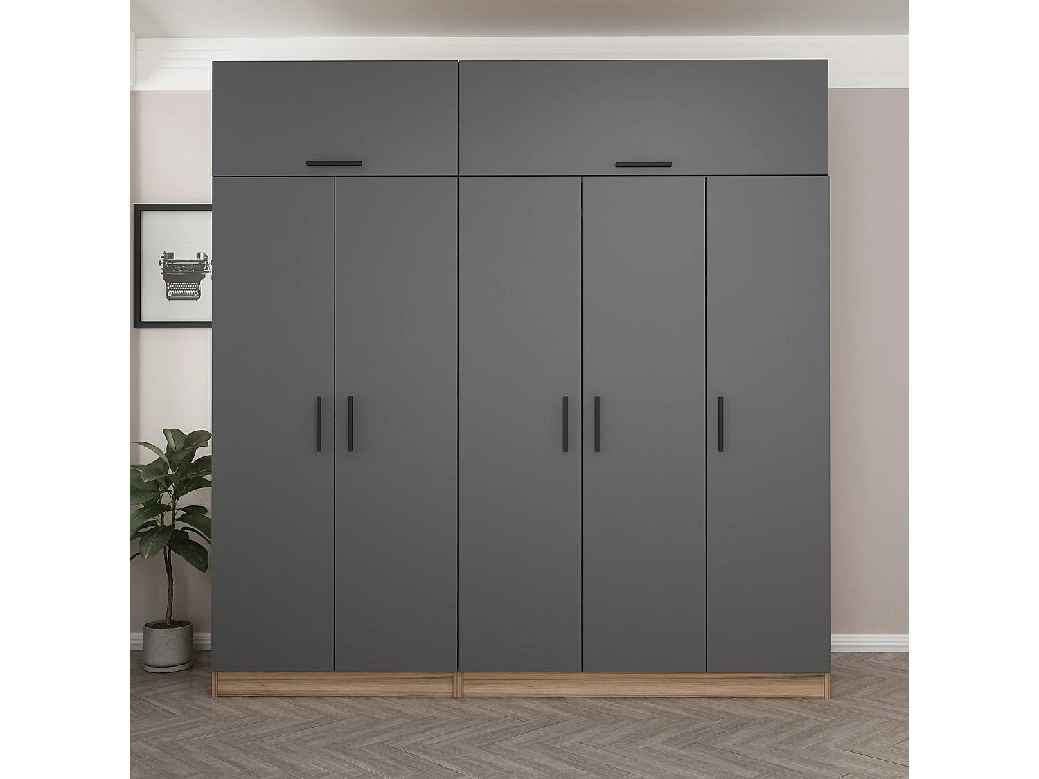 Guardaroba Kailua L264, Antracite|Quercia, 255x225x52cm, Porte guardaroba: Con cerniere