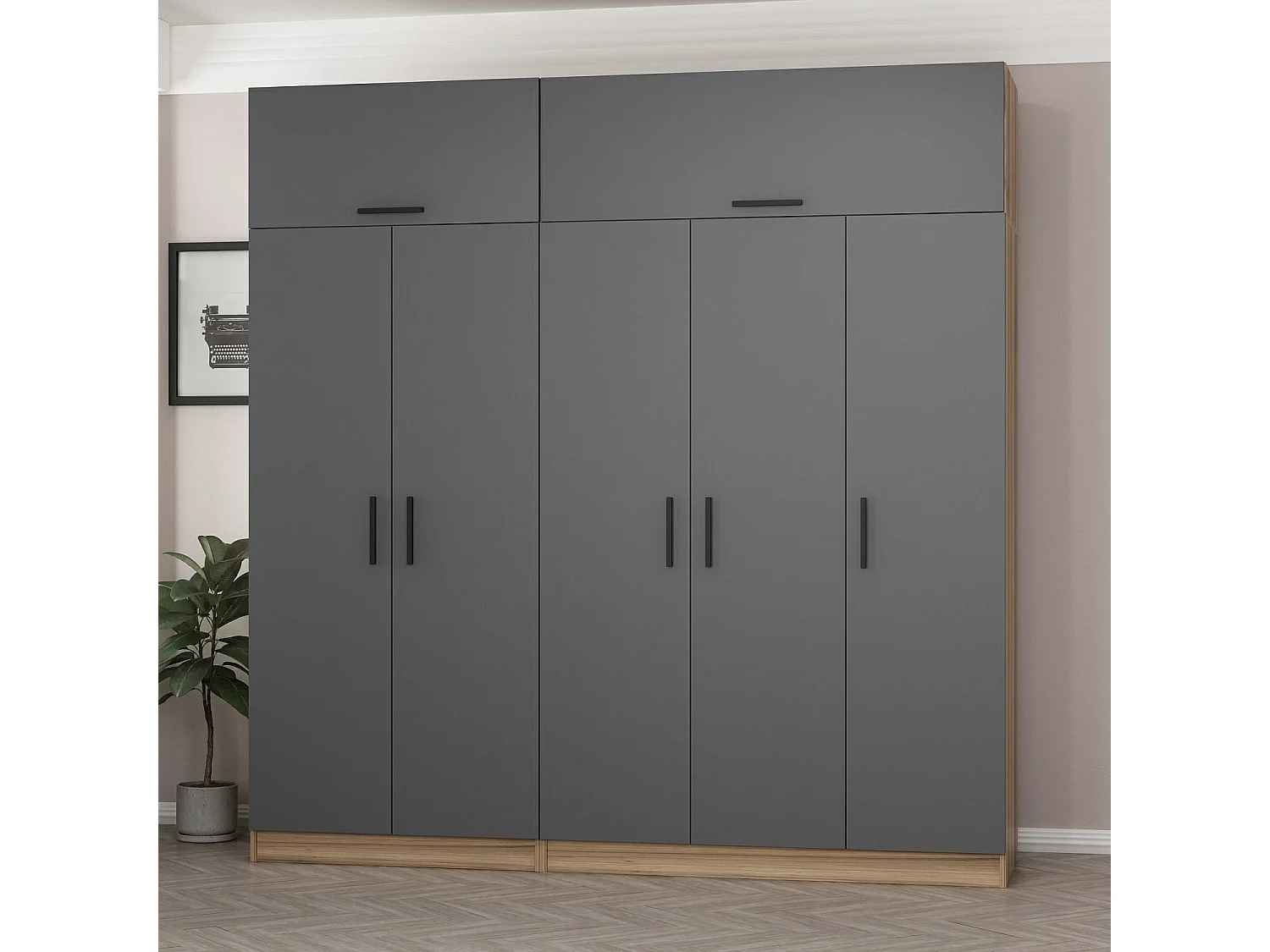 Guardaroba Kailua L264, Antracite|Quercia, 255x225x52cm, Porte guardaroba: Con cerniere