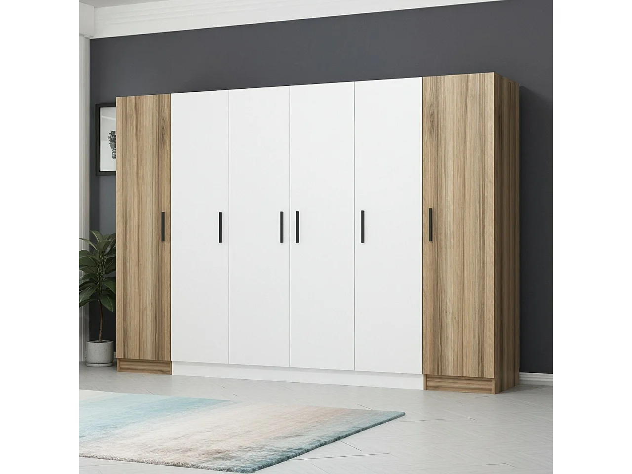 Guardaroba Kailua L309, Bianco|Quercia, 190x270x52cm, Porte guardaroba: Con cerniere