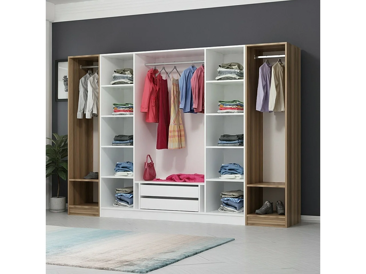 Guardaroba Kailua L309, Bianco|Quercia, 190x270x52cm, Porte guardaroba: Con cerniere