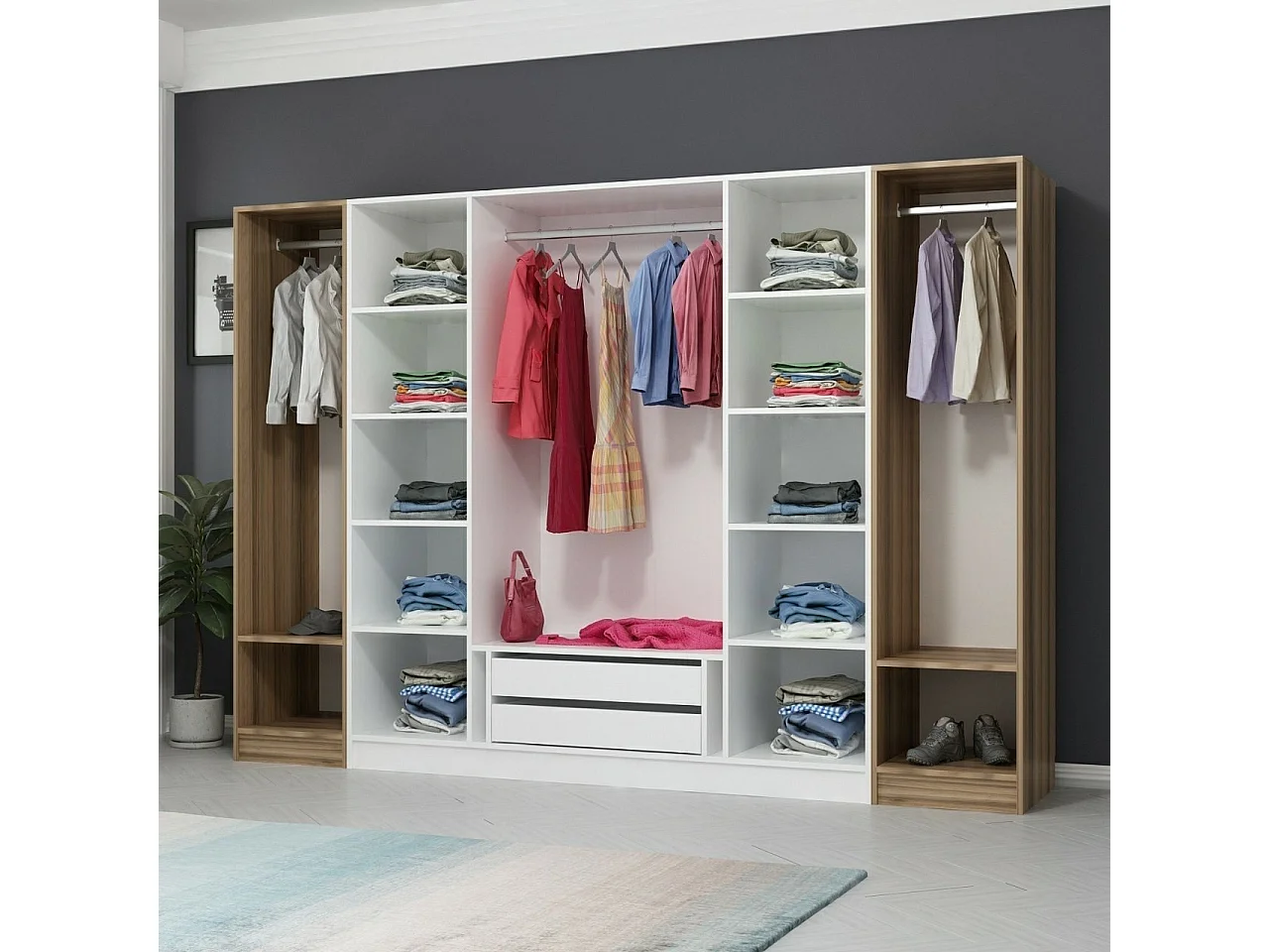 Guardaroba Kailua L309, Bianco|Quercia, 190x270x52cm, Porte guardaroba: Con cerniere