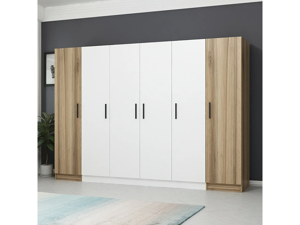 Guardaroba Kailua L309, Bianco|Quercia, 190x270x52cm, Porte guardaroba: Con cerniere
