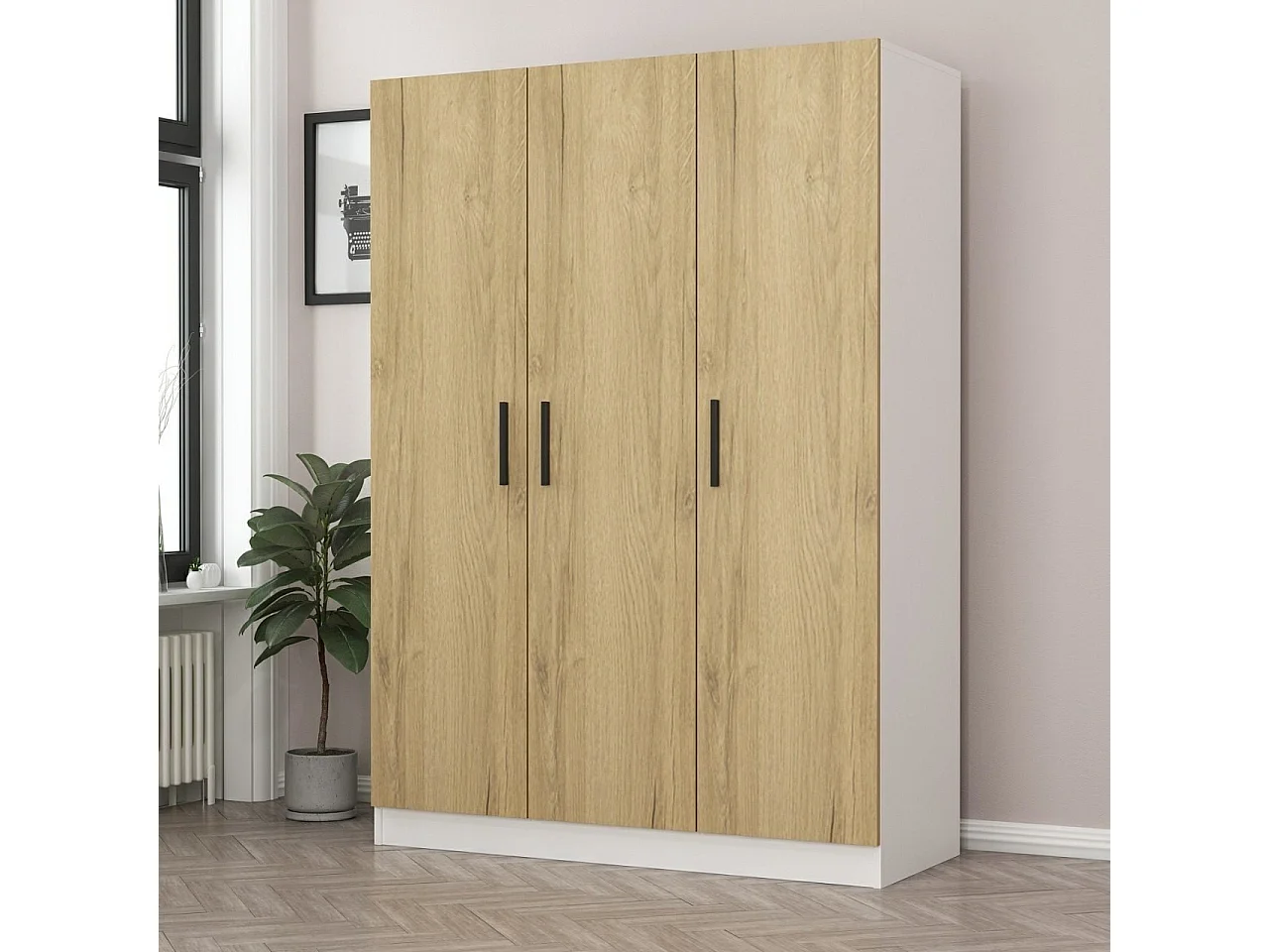 Guardaroba Kailua L123, Bianco|Noce, 190x135x52cm, Porte guardaroba: Con cerniere