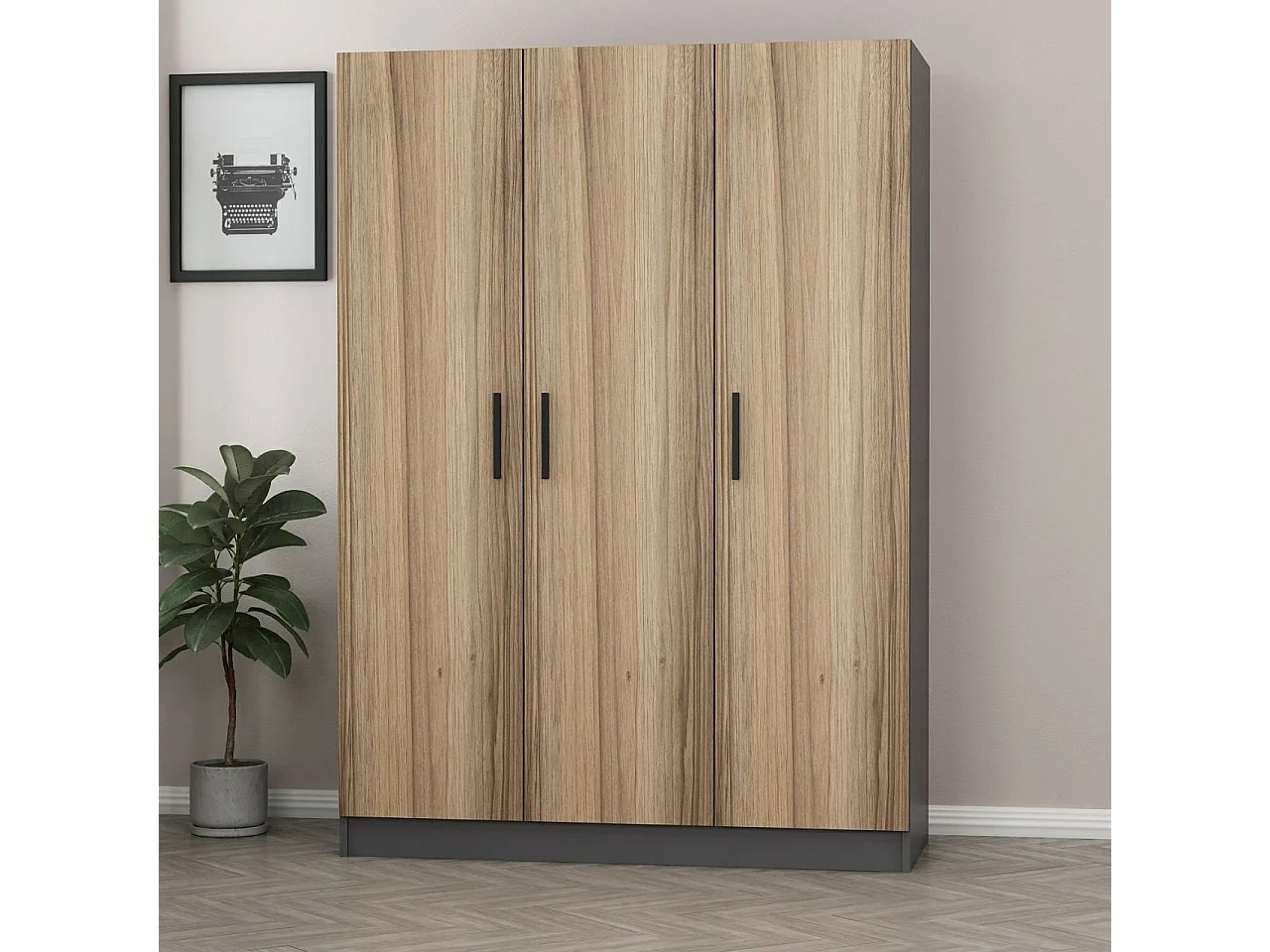 Guardaroba Kailua L123, Antracite|Quercia, 190x135x52cm, Porte guardaroba: Con cerniere