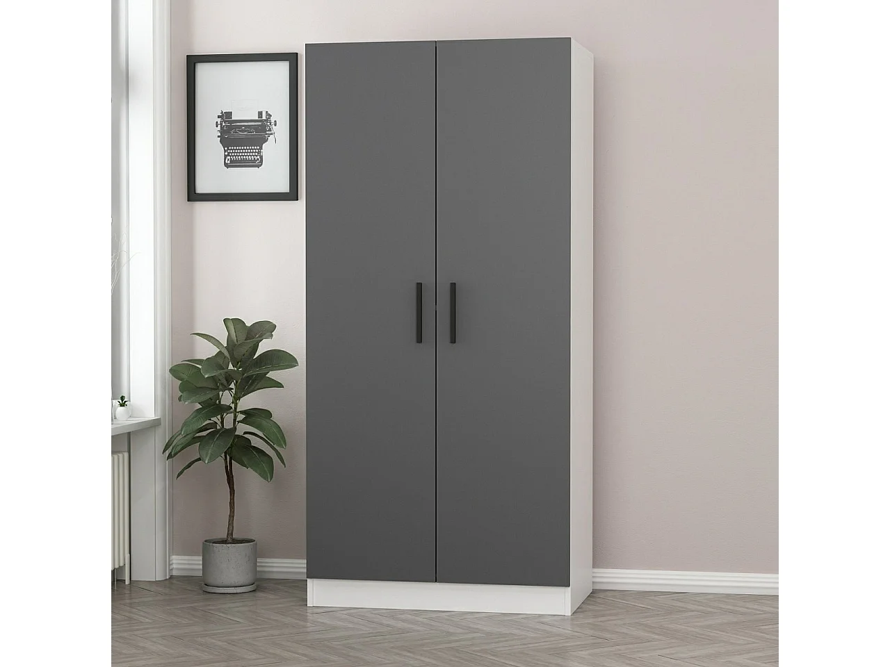 Guardaroba Kailua L100, Antracite|Bianco, 190x90x52cm, Porte guardaroba: Con cerniere