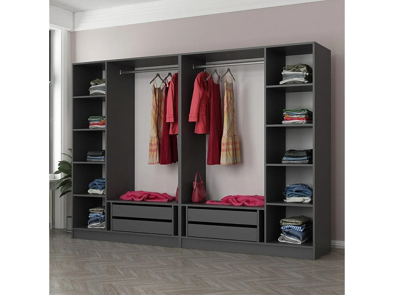 Guardaroba Kailua 1442, Quercia|Antracite, 210x270x52cm, Porte guardaroba: Con cerniere