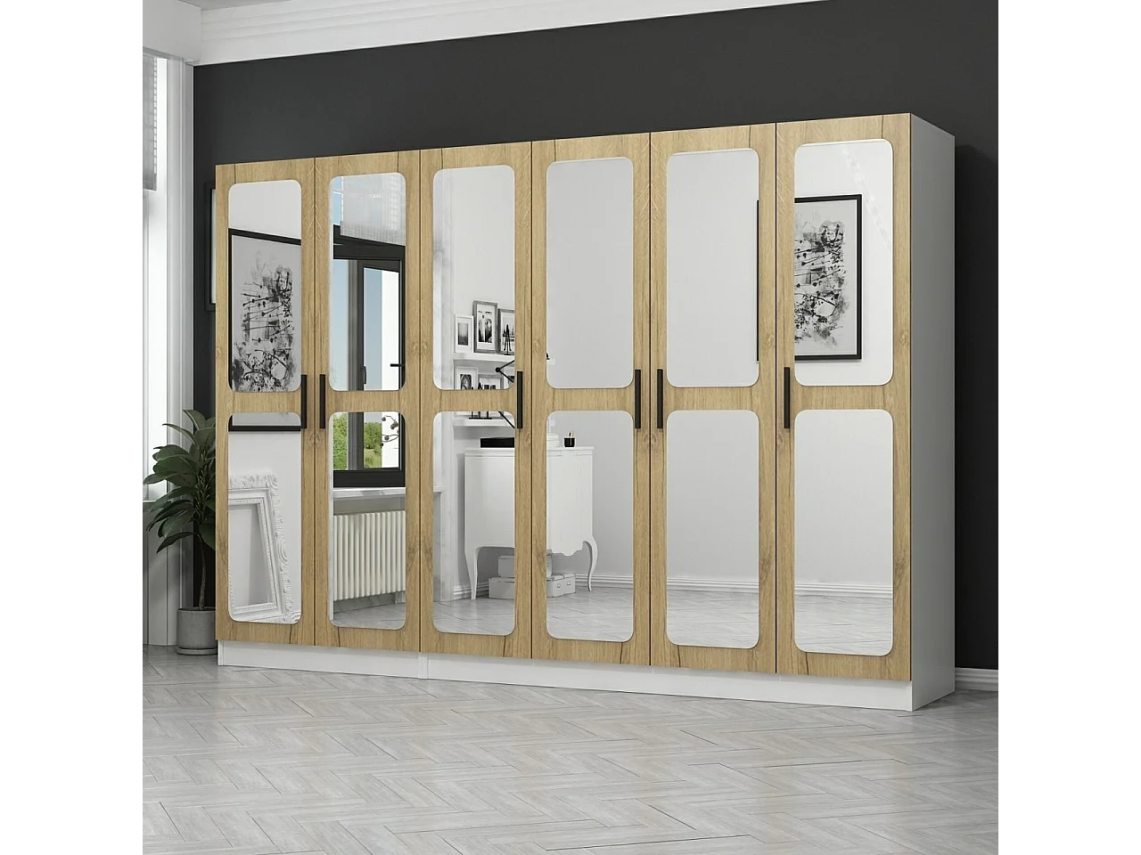 Guardaroba Kailua L318, Bianco|Noce, 210x225x52cm, Porte guardaroba: Con cerniere