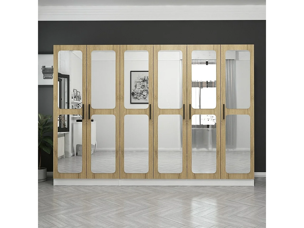 Guardaroba Kailua L318, Bianco|Noce, 210x225x52cm, Porte guardaroba: Con cerniere