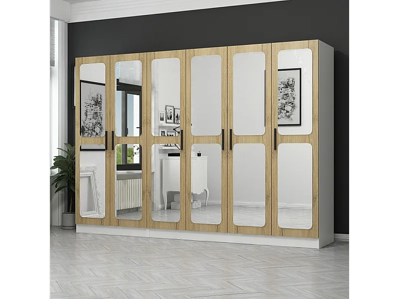 Guardaroba Kailua L318, Bianco|Noce, 210x225x52cm, Porte guardaroba: Con cerniere