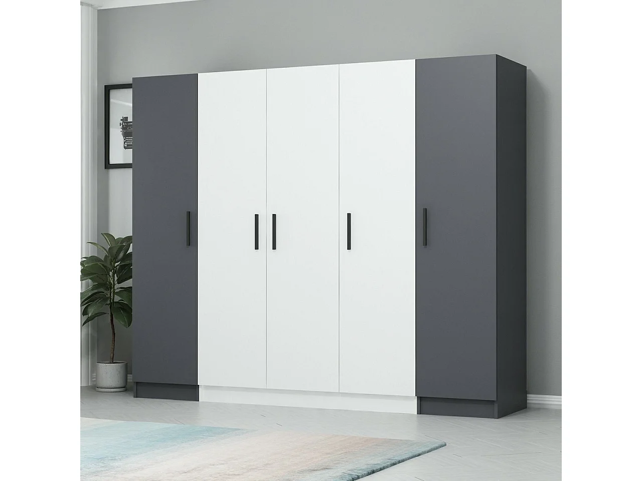 Guardaroba Kailua L250, Antracite|Bianco, 190x225x52cm, Porte guardaroba: Con cerniere