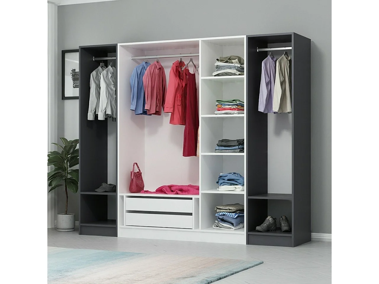 Guardaroba Kailua L250, Antracite|Bianco, 190x225x52cm, Porte guardaroba: Con cerniere