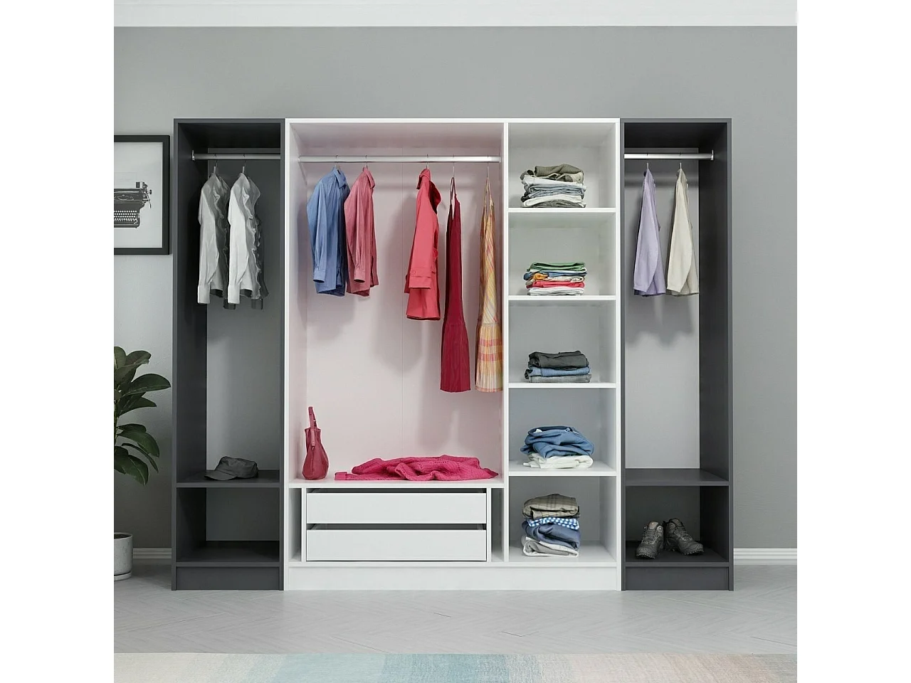 Guardaroba Kailua L250, Antracite|Bianco, 190x225x52cm, Porte guardaroba: Con cerniere