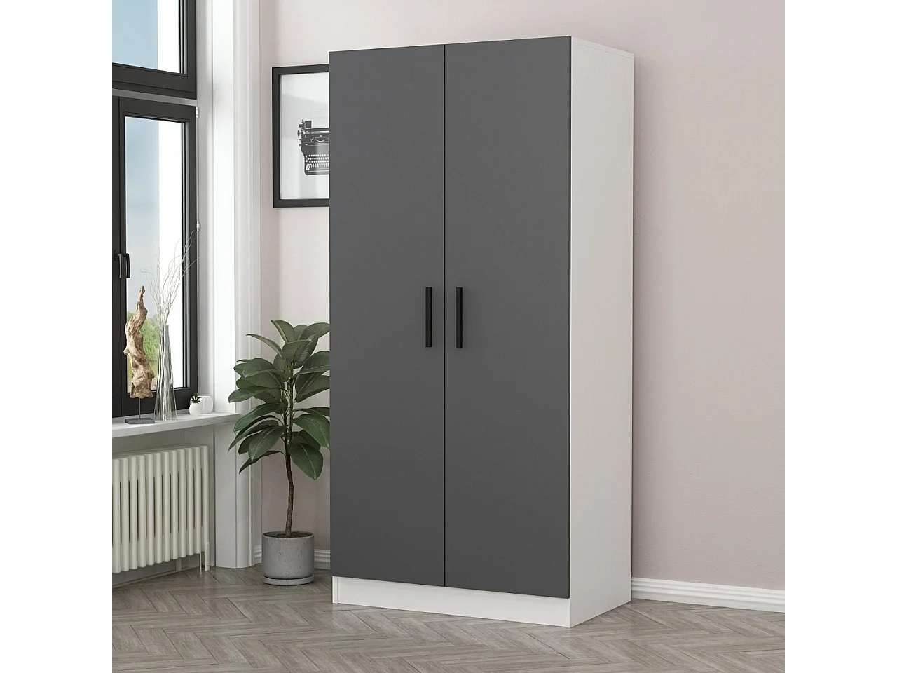 Guardaroba Kailua L101, Bianco|Antracite, 210x90x52cm, Porte guardaroba: Con cerniere