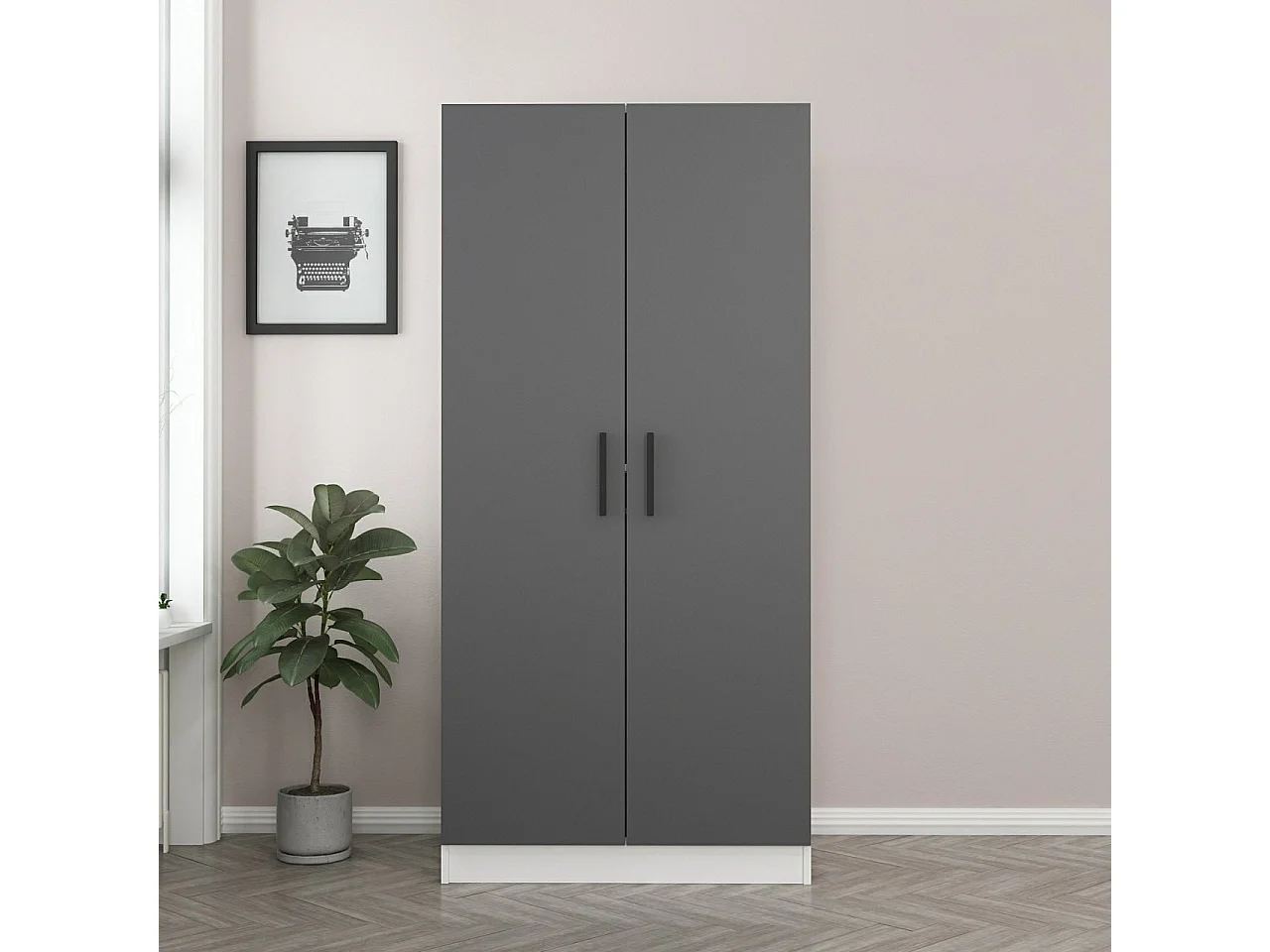 Guardaroba Kailua L101, Bianco|Antracite, 210x90x52cm, Porte guardaroba: Con cerniere