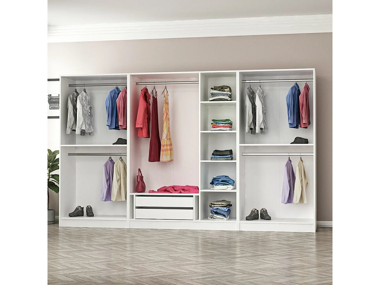 Guardaroba Kailua N121, Bianco, 210x315x52cm, Porte guardaroba: Con cerniere