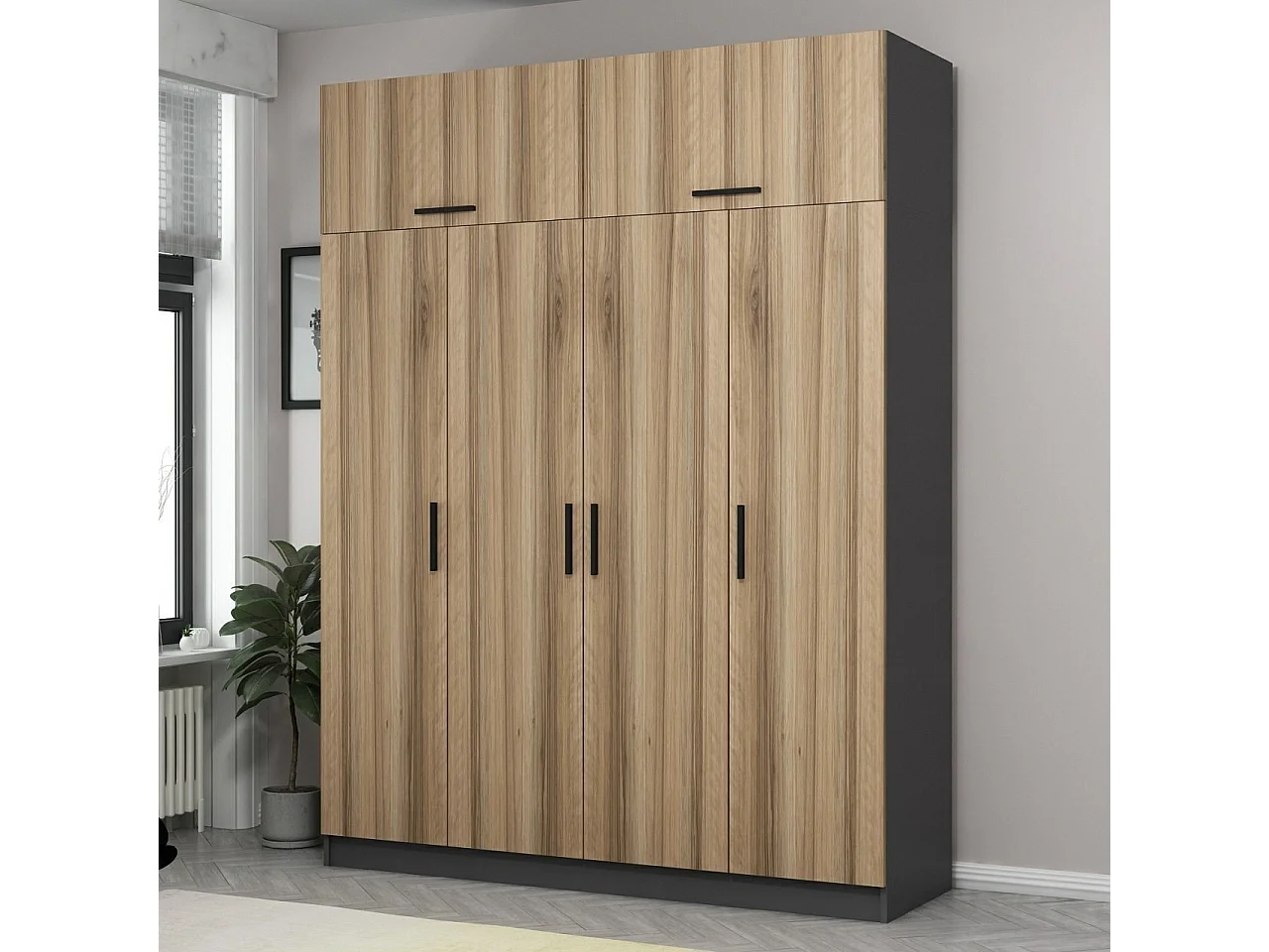 Guardaroba Kailua L148, Quercia|Antracite, 255x180x52cm, Porte guardaroba: Con cerniere