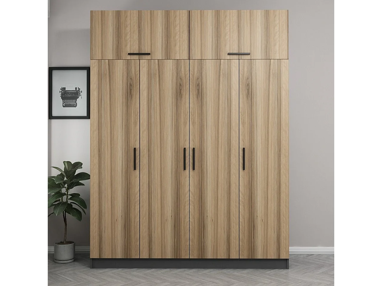 Guardaroba Kailua L148, Quercia|Antracite, 255x180x52cm, Porte guardaroba: Con cerniere