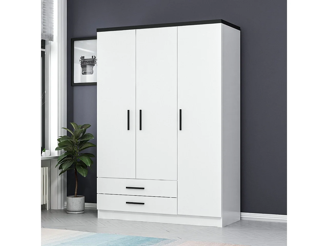 Guardaroba Kailua N109, Bianco|Nero, 210x135x52cm, Porte guardaroba: Con cerniere