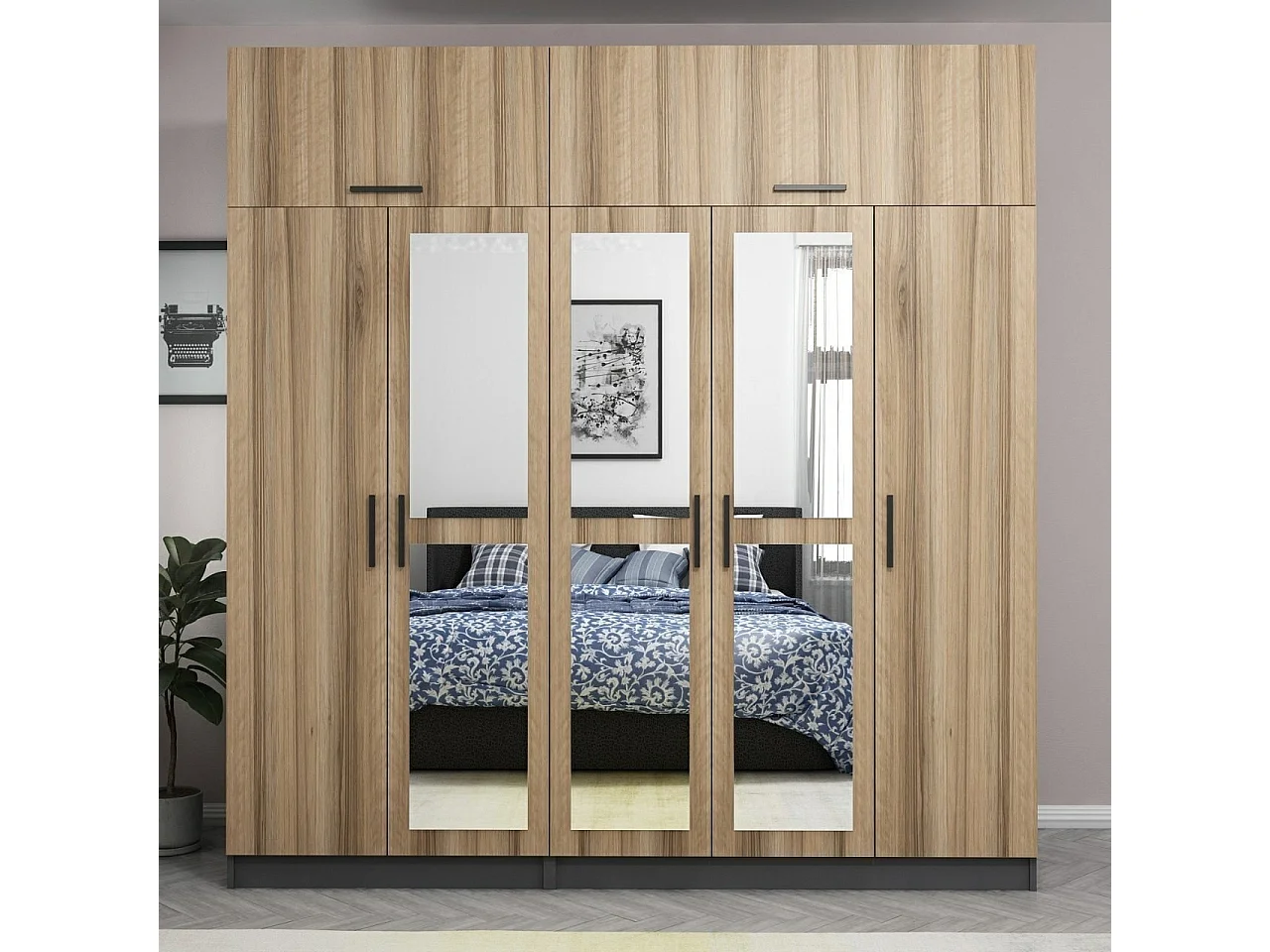 Guardaroba Kailua L259, Antracite|Quercia, 235x225x52cm, Porte guardaroba: Con cerniere