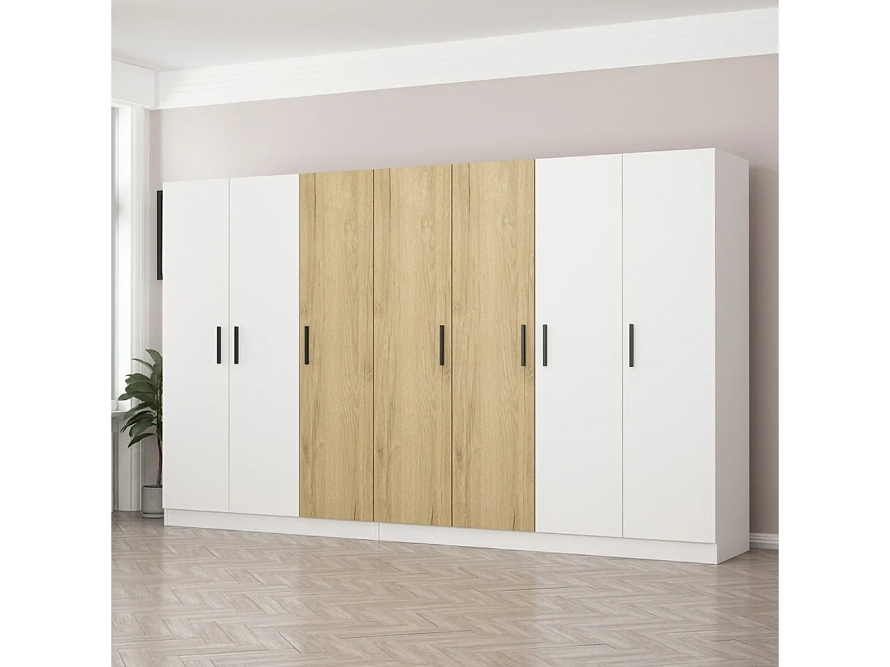 Guardaroba Kailua 1441, Noce|Bianco, 210x315x52cm, Porte guardaroba: Con cerniere