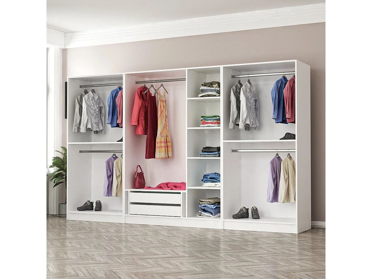 Guardaroba Kailua L165, Bianco, 190x315x52cm, Porte guardaroba: Con cerniere