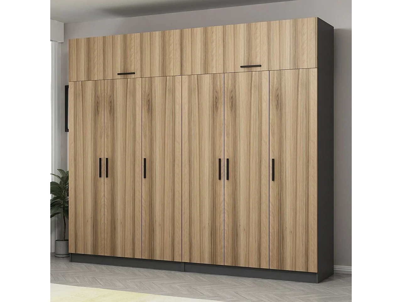 Guardaroba Kailua L324, Antracite|Quercia, 255x270x52cm, Porte guardaroba: Con cerniere