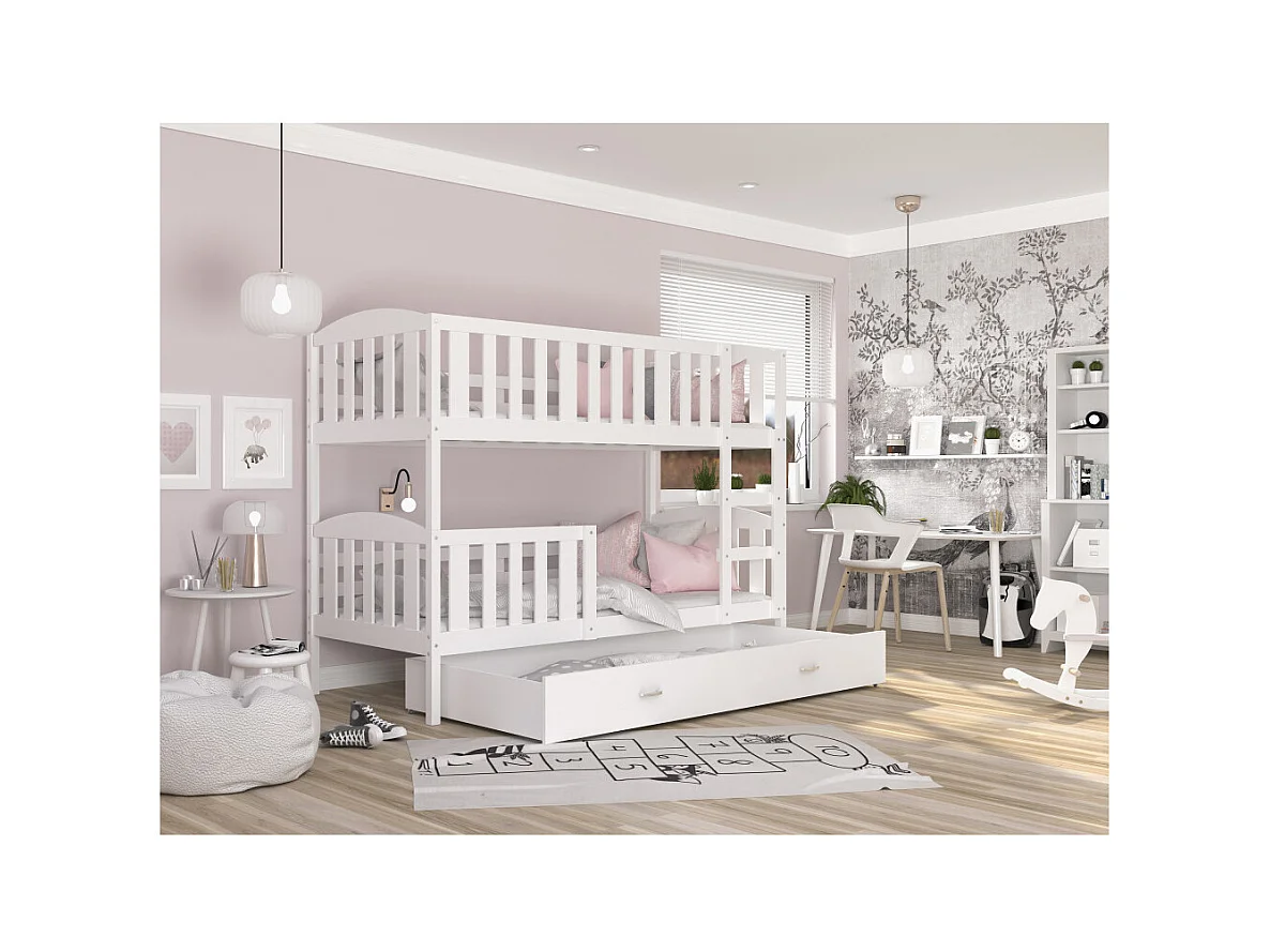 Lit  superposé  LUNA 80X160 cm - 2 Matelas , 2 Sommiers et Tiroir inclus Blanc