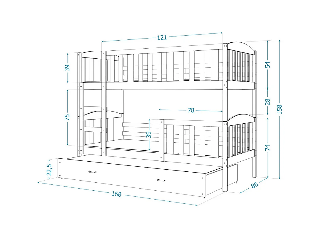 Lit  superposé  LUNA 80X160 cm - 2 Matelas , 2 Sommiers et Tiroir inclus Blanc