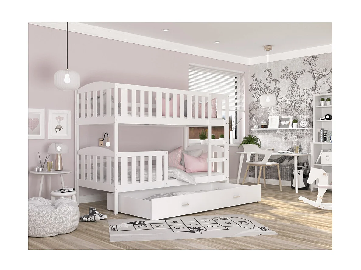 Lit  superposé  LUNA 80X160 cm - 2 Matelas , 2 Sommiers et Tiroir inclus Blanc