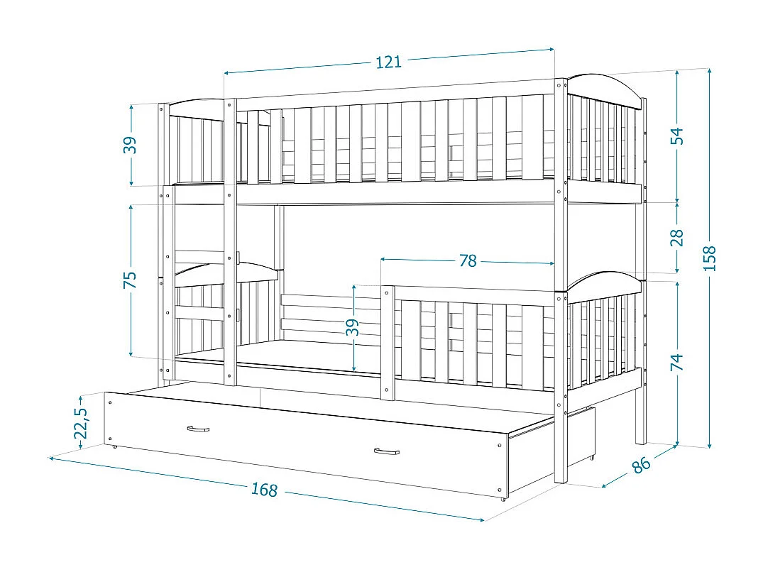 Lit  superposé  LUNA 80X160 cm - 2 Matelas , 2 Sommiers et Tiroir inclus Blanc